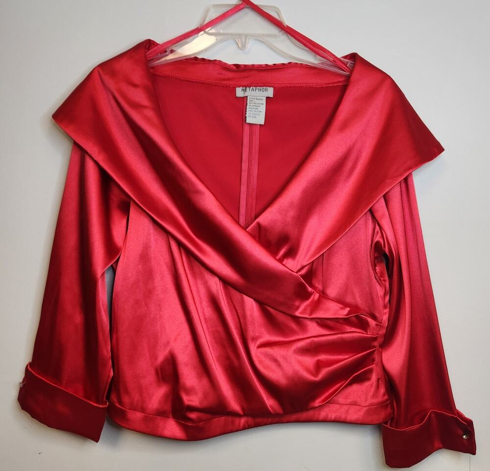 NWT Metaphor Womens Red Satin Faux-Wrap Long Sleeve Blouse-Size Large